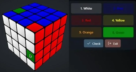 The Color Picker of the 4x4 solver: six numbered colors, a Check button and a cube with a few stickers painted