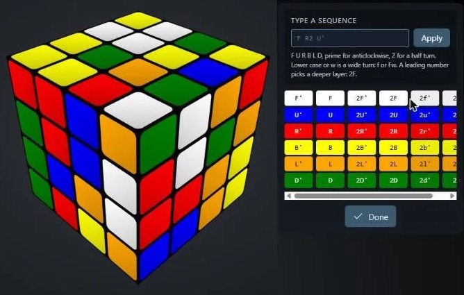 The Moves menu of the 4x4 solver: a field to type a sequence such as F R2 U' and a button for every single and wide layer turn