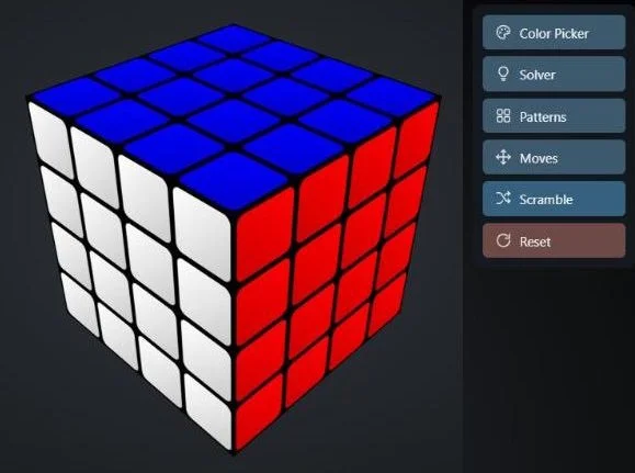 The 4x4 solver on cube-solver.com: a solved 3D 4x4 cube with the Color Picker, Solver, Patterns, Moves, Scramble and Reset buttons
