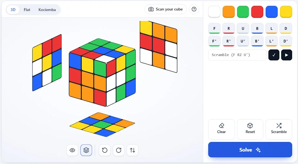 The solver screen: a scrambled 3D cube on the left, and the color palette, face-turn buttons and Solve button on the right